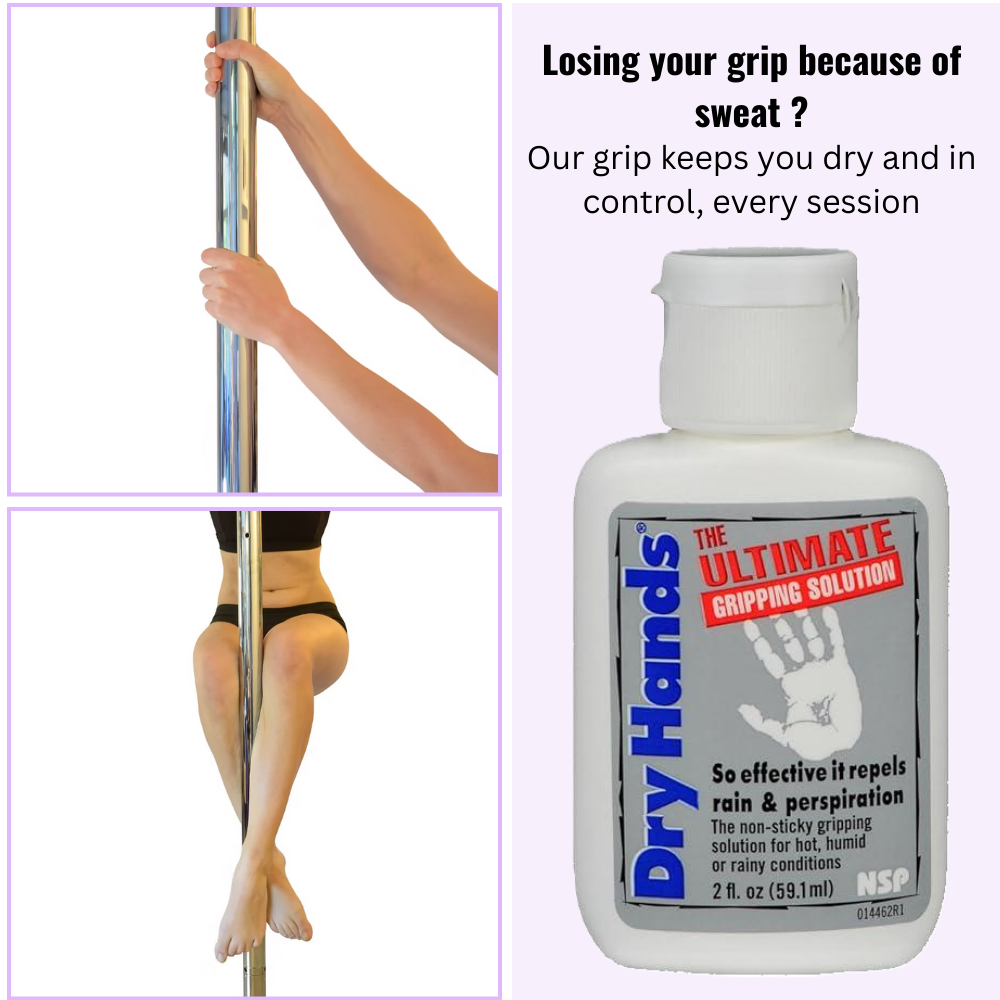 Large bottle of liquid chalk grip next to images of hands and legs gripping a pole, with the text 'Losing your grip because of sweat? Our grip keeps you dry and in control, every session