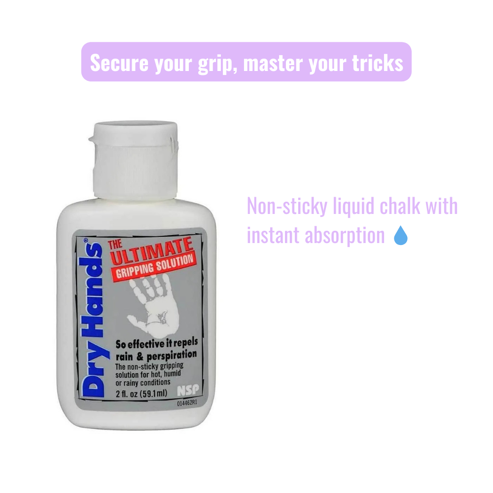 Product bottle of liquid chalk grip solution with headline 'Secure your grip, master your tricks' and subtext 'Non-sticky liquid chalk with instant absorption.
