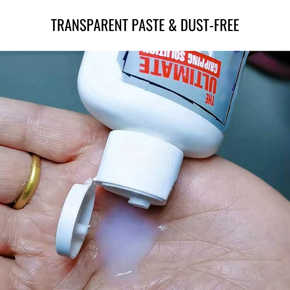 Close-up of hand applying transparent, dust-free liquid chalk from the grip solution bottle, with the text 'Transparent paste & dust-free.