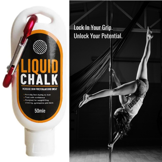 Liquid Chalk GP-LC-M2 bottle positioned next to a pole dancer women in mid-spin, showcasing non-slip grip performance during dynamic movement.