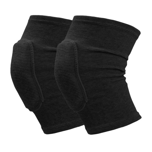 Black closed knee pads with padded protection over knees, displayed on white background, elastic fabric.
