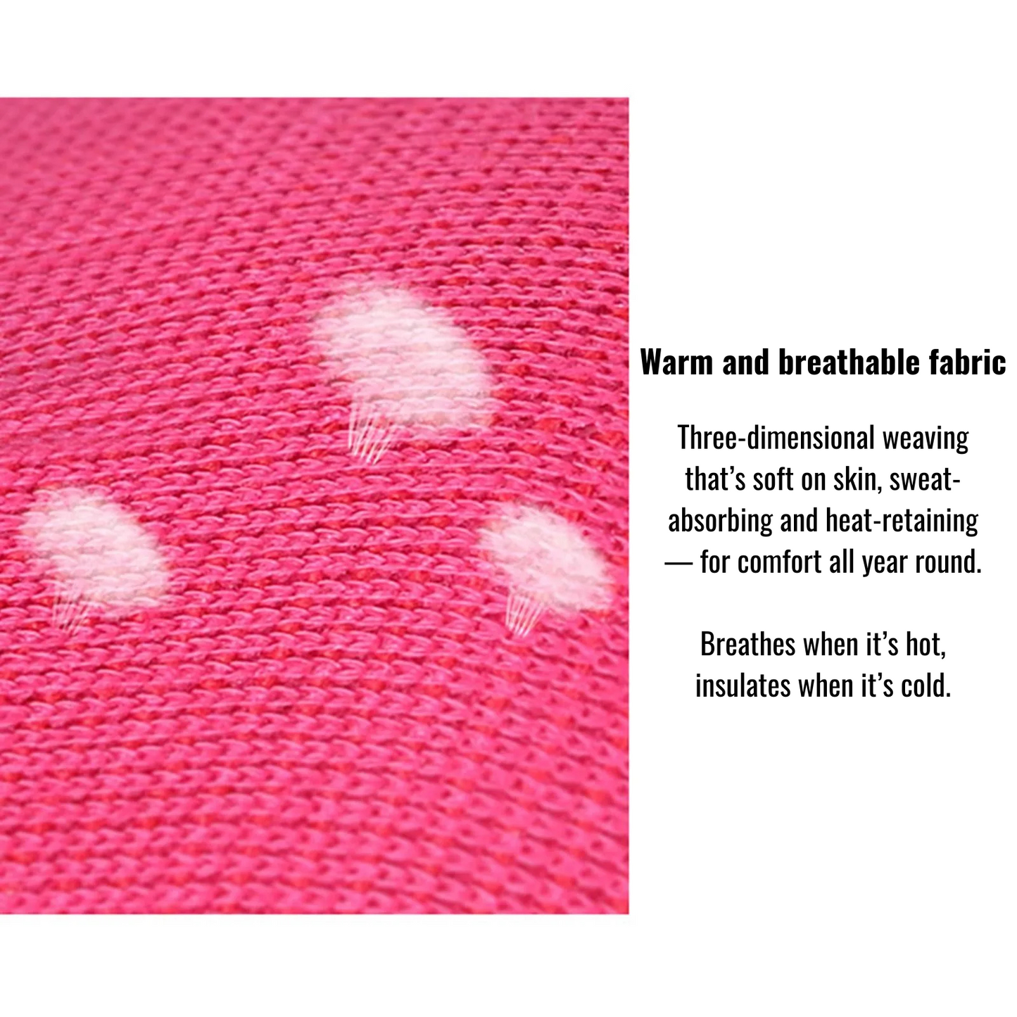 Close-up of pink ribbed fabric showing warm and breathable properties with annotations.