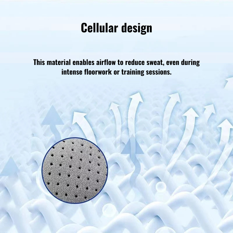 Close-up image showcasing cellular design fabric that enables airflow to reduce sweat during intense floorwork or training sessions.