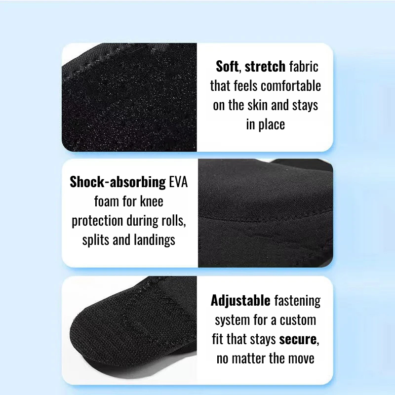 Close-up images highlighting key material features: soft stretch fabric that feels comfortable and stays in place, shock-absorbing EVA foam for knee protection during rolls and landings, and adjustable fastening system for secure fit.