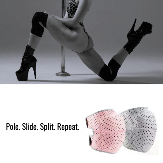 Black and white photo of a dancer demonstrating flexibility and strength, wearing black open-back knee pads during floorwork at a dance pole.