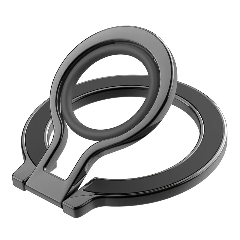 Magnetic ring phone holder with black metal and blacksilicone ring, shown in open position, product close-up on a white background.