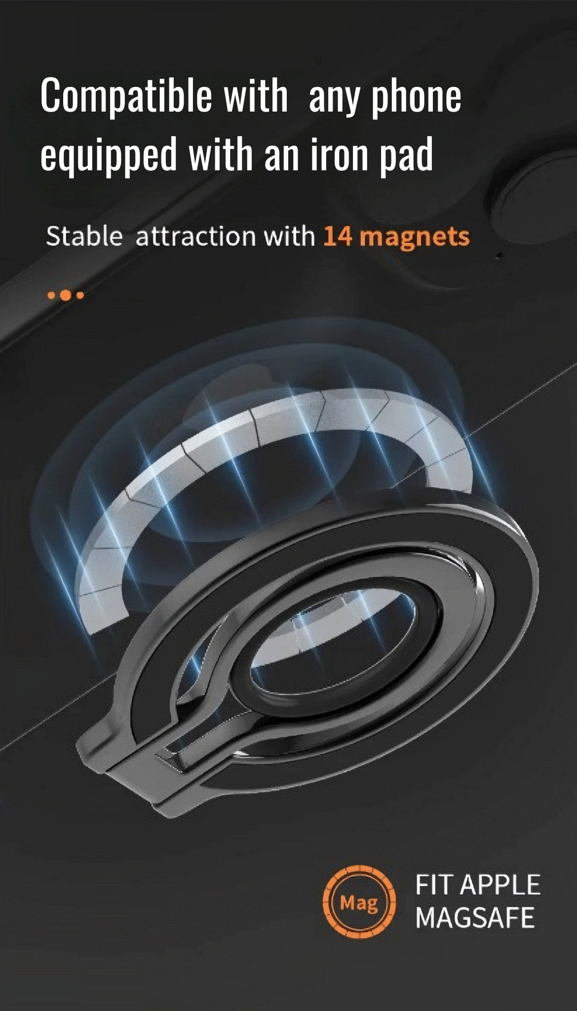 Close-up illustration of a magnetic ring holder featuring 14 magnets, highlighting compatibility with any phone equipped with an iron pad and MagSafe support.