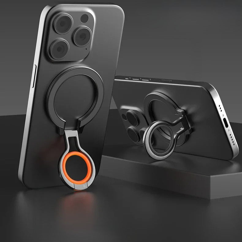 Two smartphones equipped with magnetic ring holders shown upright and horizontal, highlighting flexible use as stands.
