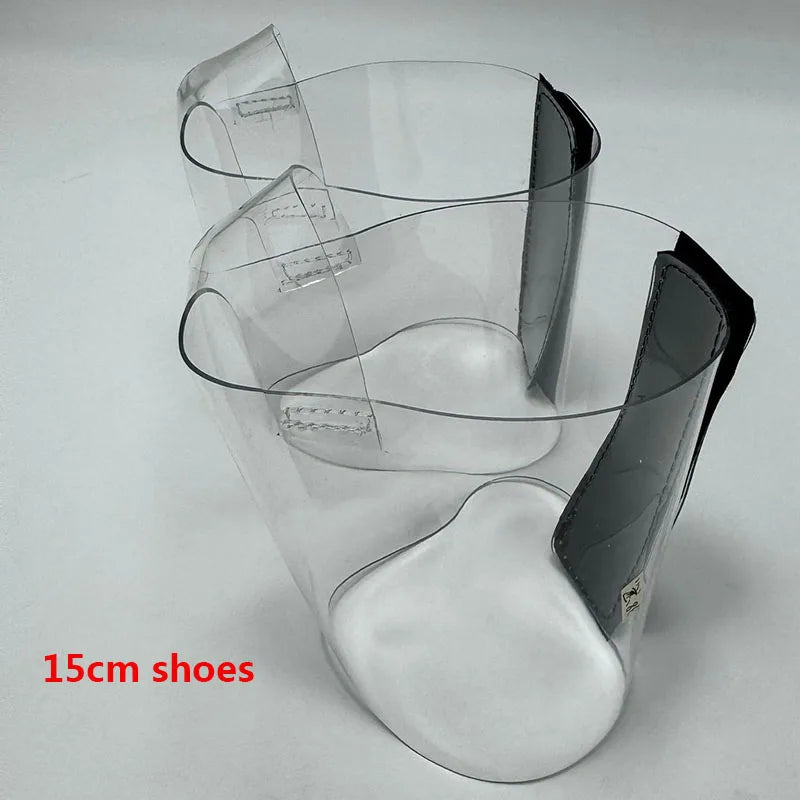 Pair of Transparent platform protectors with a black rear hook-and-loop closure for 15 cm pole dance heels