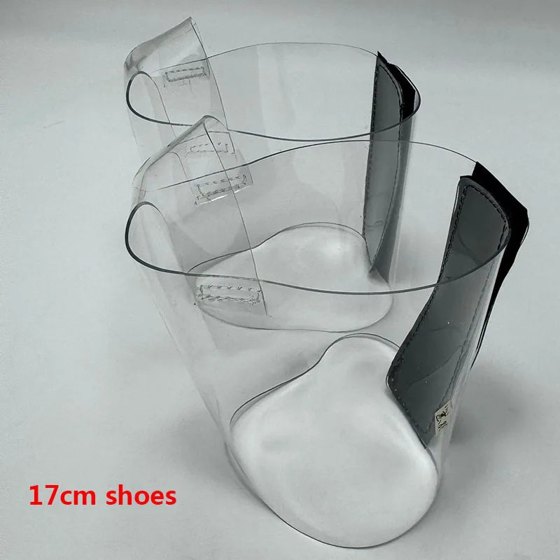 Pair of Transparent platform protectors with a black rear hook-and-loop closure for 17 cm pole dance heels