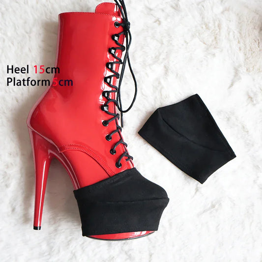 Black Platform Protection for high-heeled pole dance boots shown fitted on a red boot and at the side of the red boot laying flat. Suitable for 15cm heel and 5cm platform, with the sizes clearly indicated on the photo.