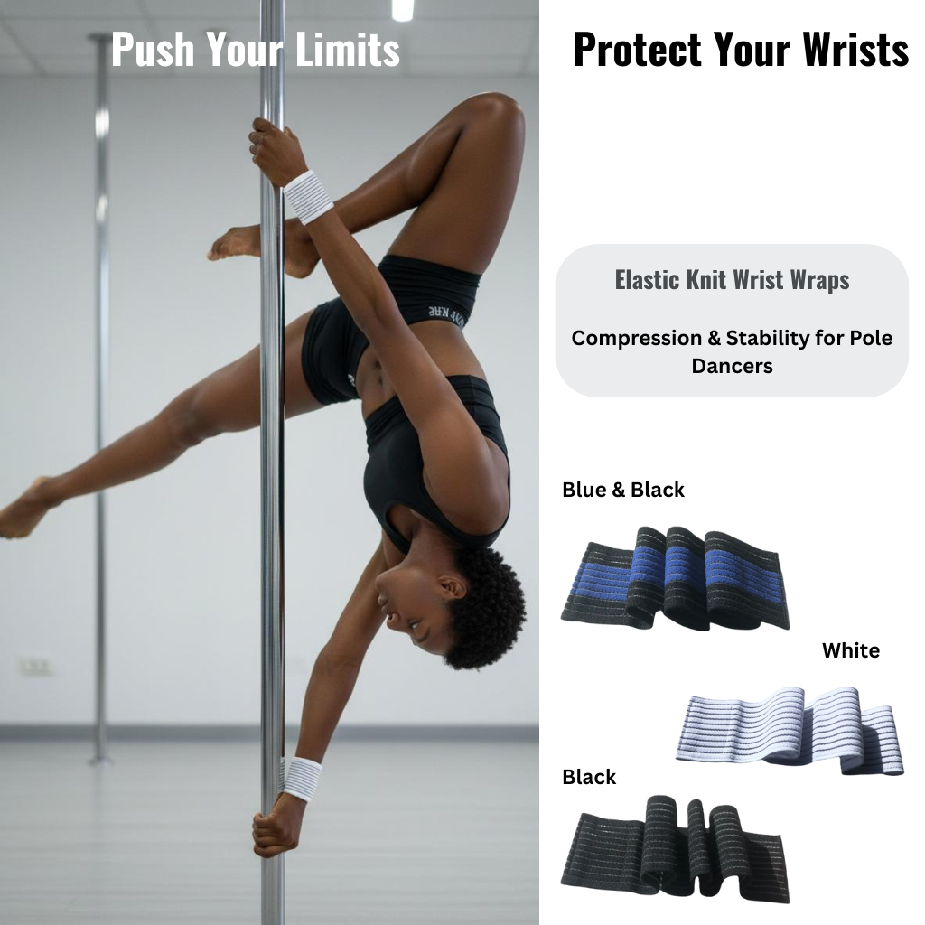 Black Pole dancer performing inverted move wearing white elastic wrist wraps with product showcase showing Blue & Black, White, and Black color options available.