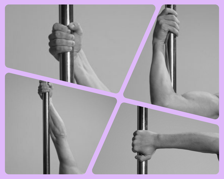 Different hand grips on a pole, demonstrating core pole dance grip techniques
