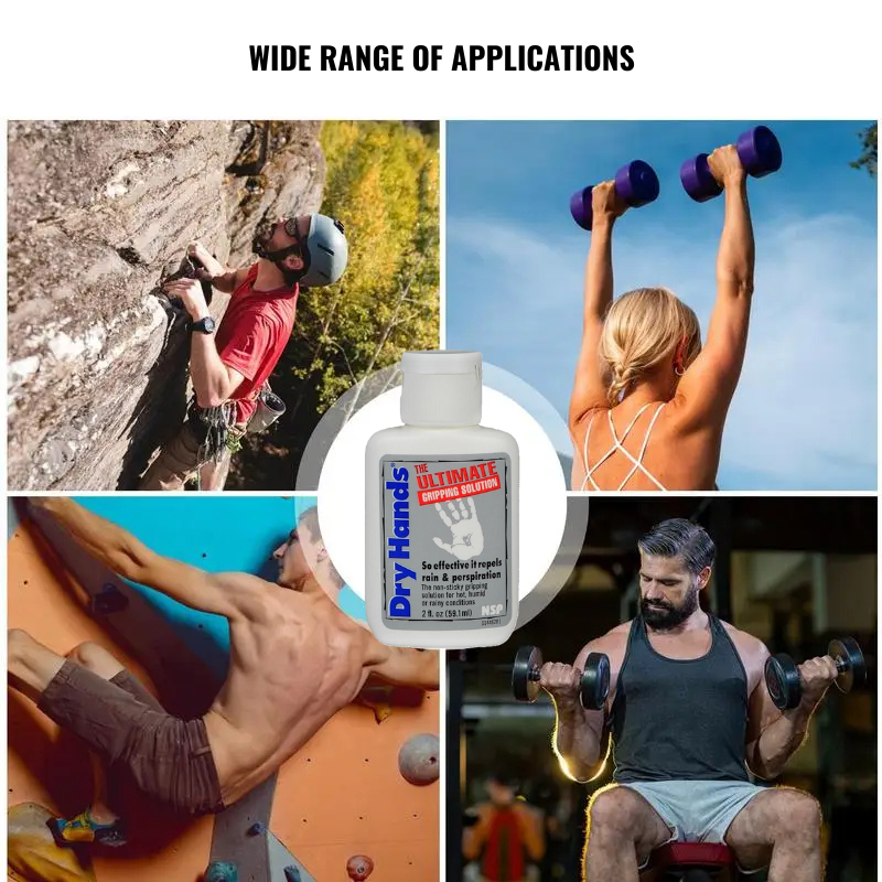 Collage showing different uses for liquid chalk grip solution: a climber on outdoor rocks, a woman on monkey bars, indoor climbing, and weightlifting. Product bottle centered, headline says 'Wide range of applications