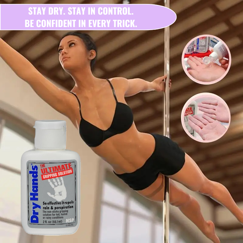 Woman performing a pole dance trick with a bottle of grip solution in the foreground and close-ups of applying the product, with the headline 'Stay dry. Stay in control. Be confident in every trick.