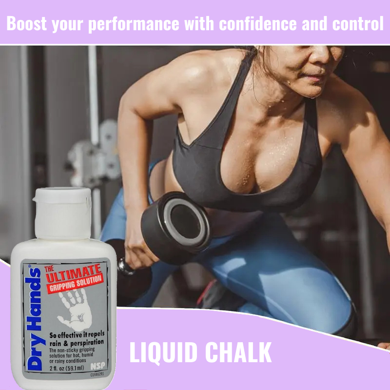 Female athlete in a gym applying liquid chalk grip solution and lifting dumbbells, with a product bottle visible. Headline reads 'Boost your performance with confidence and control'; text highlights liquid chalk benefits for sweat and secure grip during training.