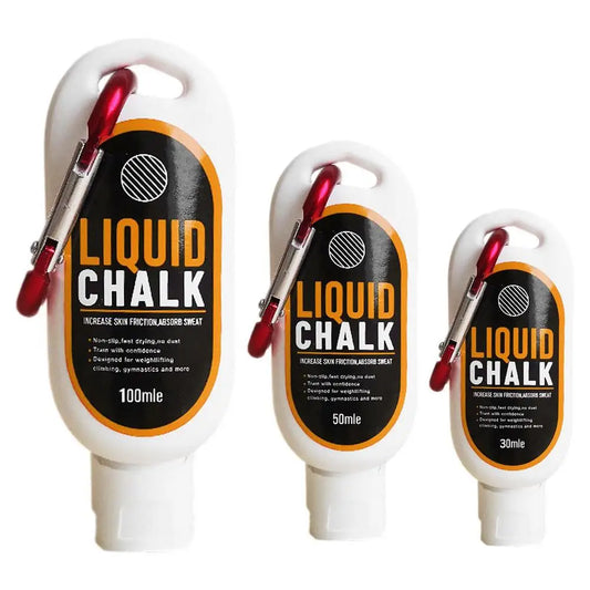 Front view of three Liquid Chalk bottles featuring carabiner clip, sorted from largest to smallest, on white background.