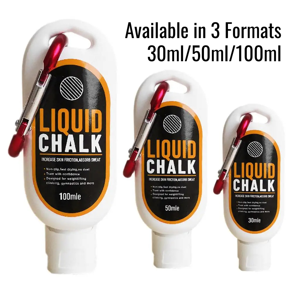 Front view of three Liquid Chalk bottles featuring carabiner clip, sorted from largest to smallest, on white background with a title informing about the three available format 30ml/50ml/100ml