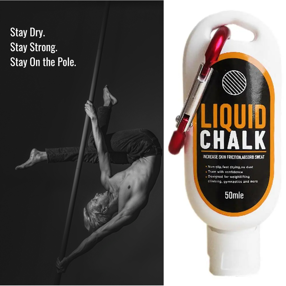 Bottle of Liquid Chalk GP-LC-M2 next to a pole dancer man gripping the pole, demonstrating non-slip performance in a dynamic workout environment.