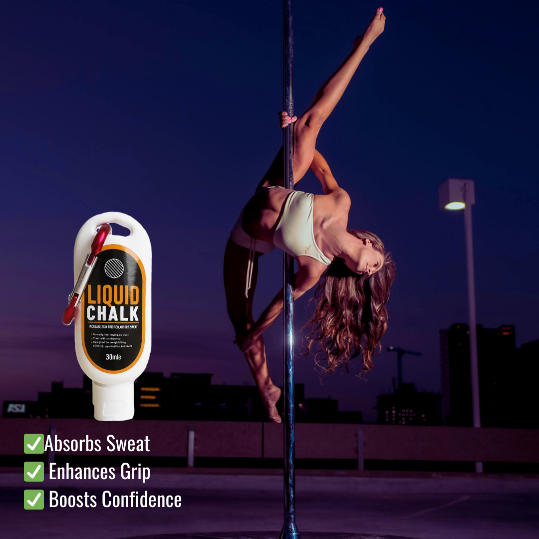 ighttime rooftop pole dance scene with athlete performing an inverted pose, bottle of Liquid Chalk GP-LC-M2 superimposed, highlighting sweat absorption, enhanced grip, and confidence boost