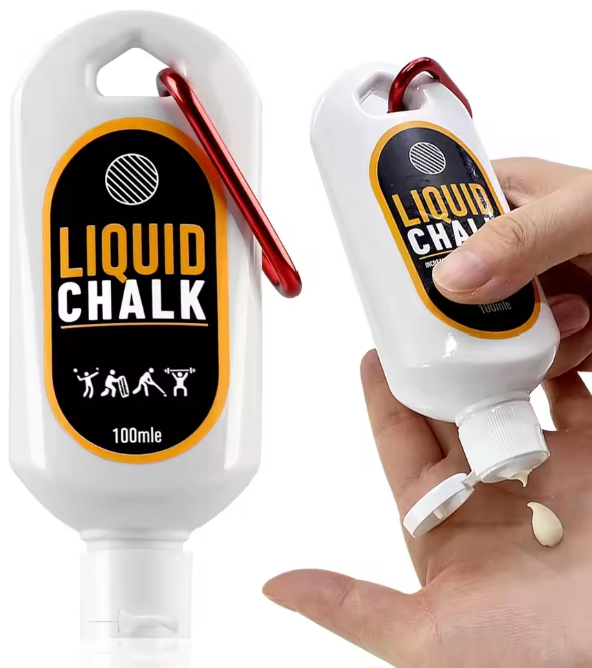 Liquid Chalk GP-LC-M2 bottle with cap open, showing creamy formula being dispensed onto palm.
