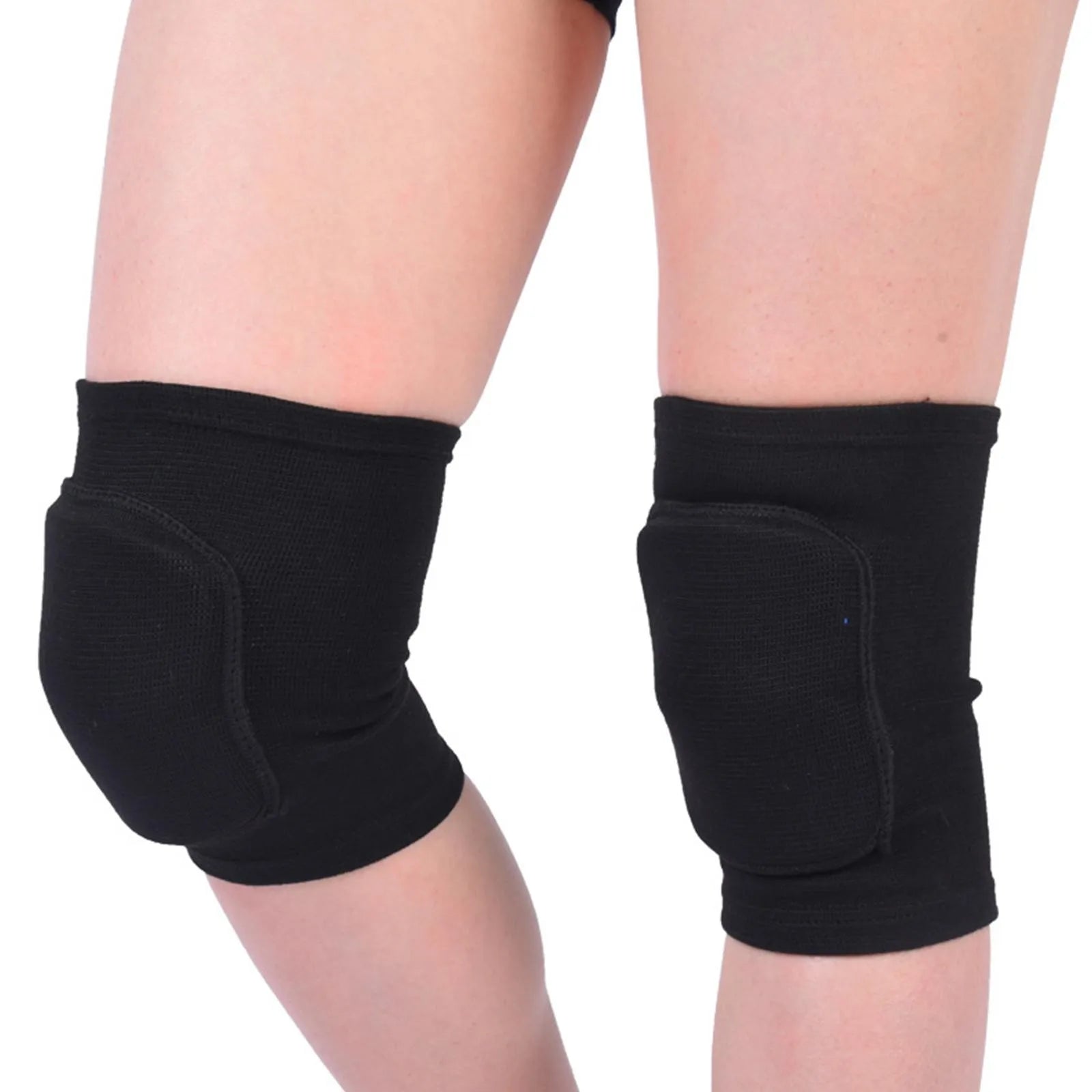 Black closed  knee pads with padded protection over knees, worn on legs, elastic fabric.
