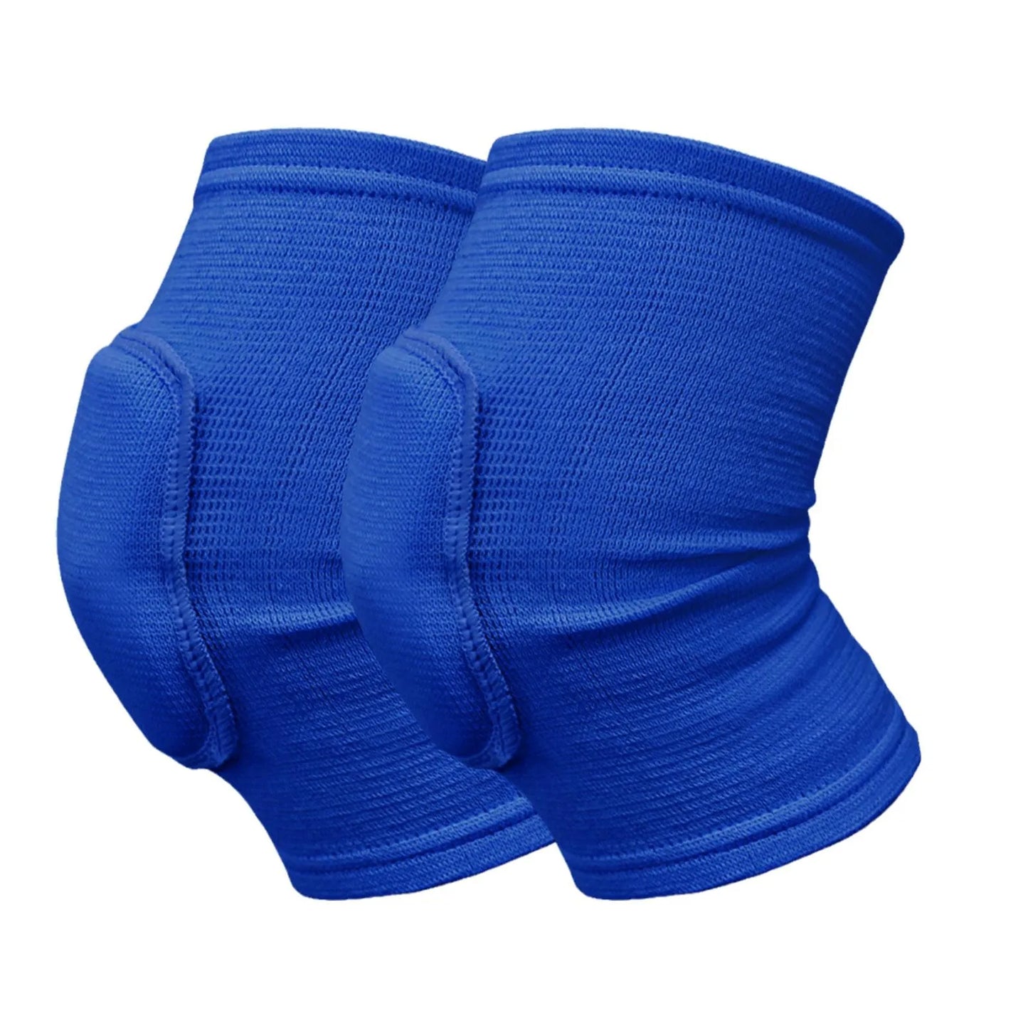 Blue closed knee pads with padded protection over knees, displayed on white background, elastic fabric.