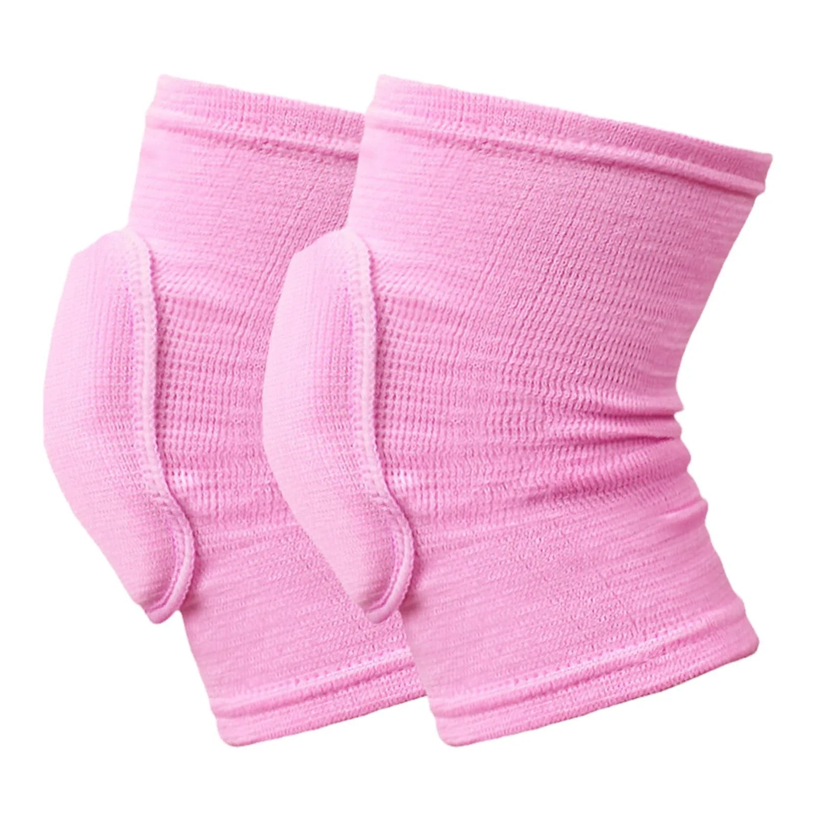 Light pink closed knee pads with padded knee protection displayed on plain white background, elastic fabric.