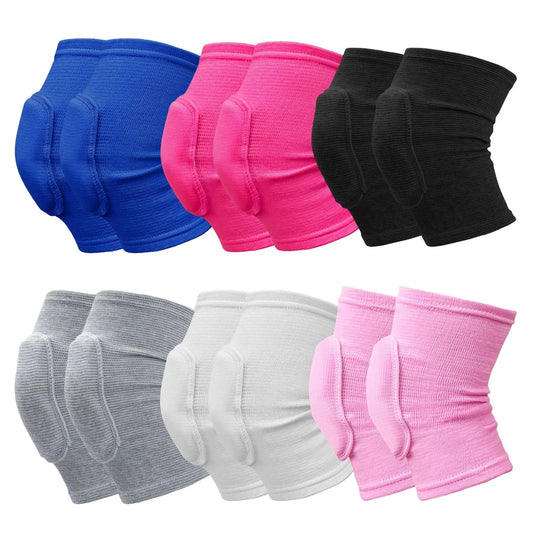  Set of blue, hot pink, black, grey, white and light  pink ribbed closed knee pads with thick padded knee protection, laid flat on white background.