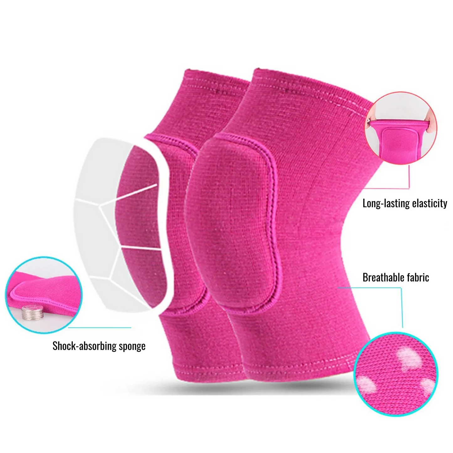 Pink ribbed closed knee pads with thick padded knee protection, displayed with callouts describing long-lasting elasticity, breathable fabric and shock absorption capacity