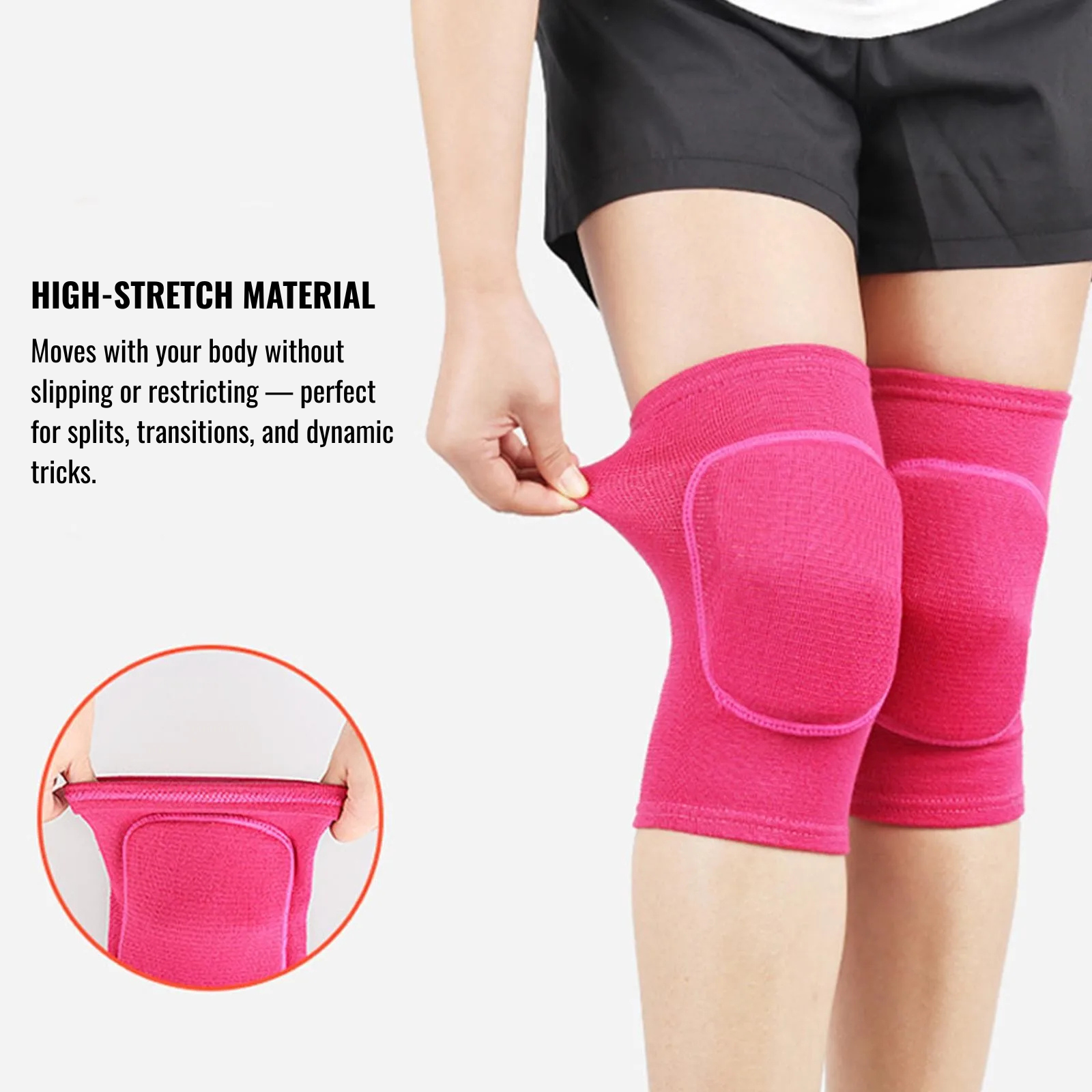 Pink ribbed closed knee pads with thick padded knee protection, worn on legs, demonstrated stretchiness in close-up.