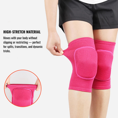 Pink ribbed closed knee pads with thick padded knee protection, worn on legs, demonstrated stretchiness in close-up.