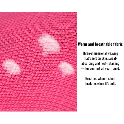 Close-up of pink ribbed fabric showing warm and breathable properties with annotations.