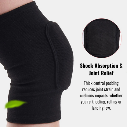  Close-up of black closed knee pad with padded protection, highlighting shock absorption and joint relief.