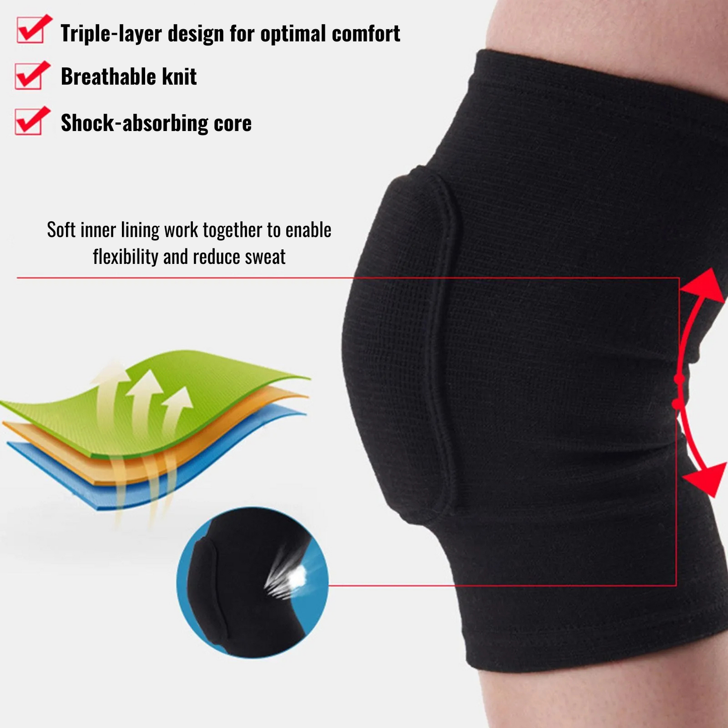 Black closed knee pad with padded protection shown with features of triple-layer design, breathability, and flexibility.