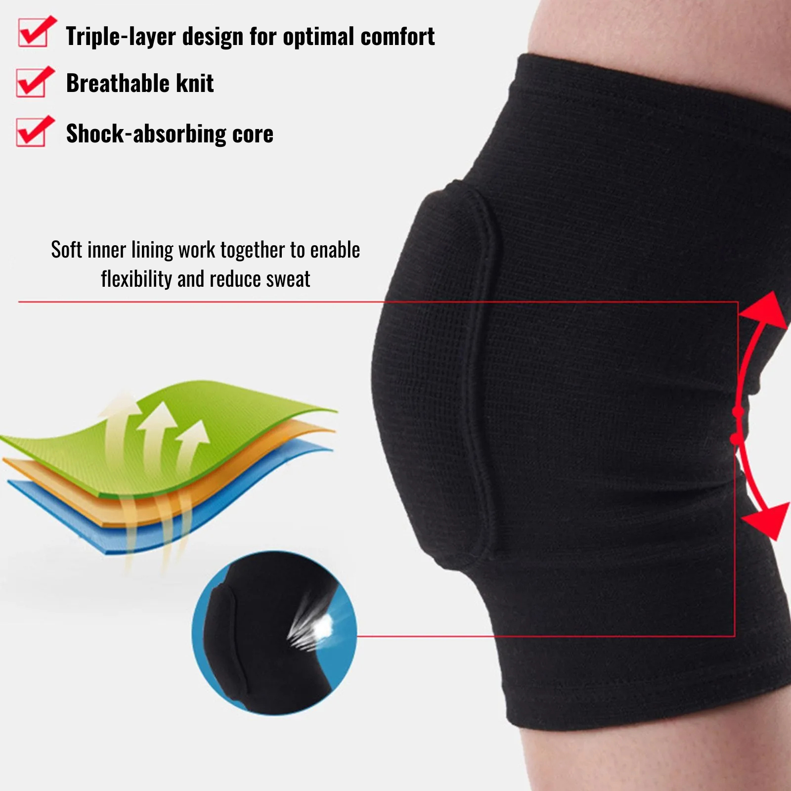 Black closed knee pad with padded protection shown with features of triple-layer design, breathability, and flexibility.