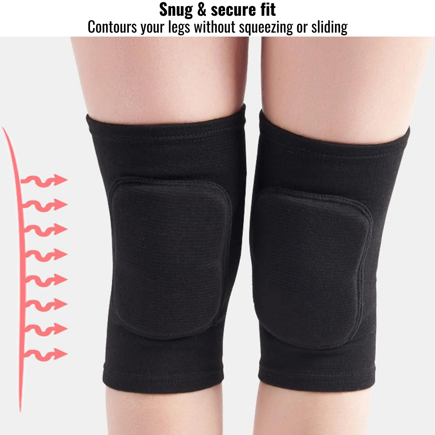 Person wearing black knee pads with padded protection, demonstrating snug and secure fit without slipping.