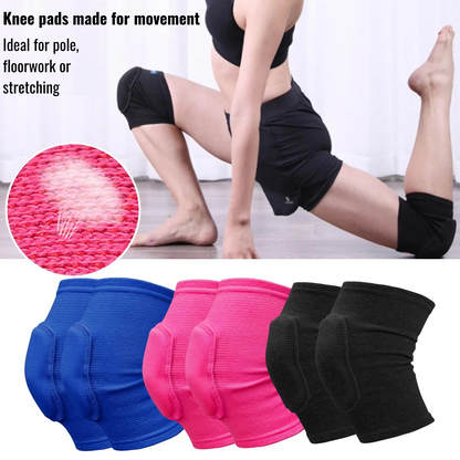 Person wearing black knee pads in a lunge stretch pose, with inset showing close-up of pink ribbed fabric texture; 3 set of blue, pink and black closed knee pads suitable for pole, floorwork, or stretching shown at the bottom of the picture