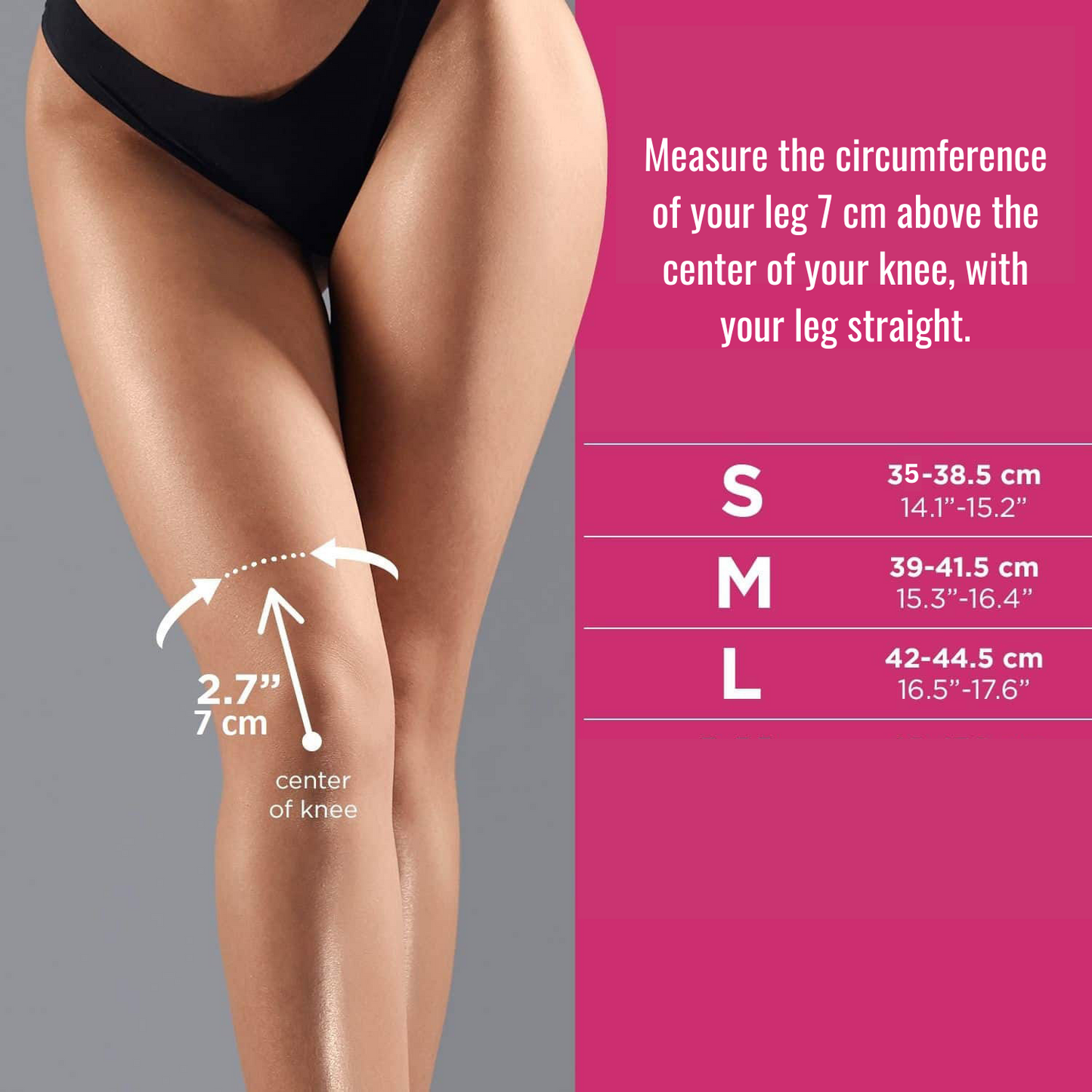 Size chart for knee pads showing where to measure 7cm above the center of the knee, with size ranges in centimeters and inches for S, M, and L; image illustrates correct leg measurement for optimal fit.
