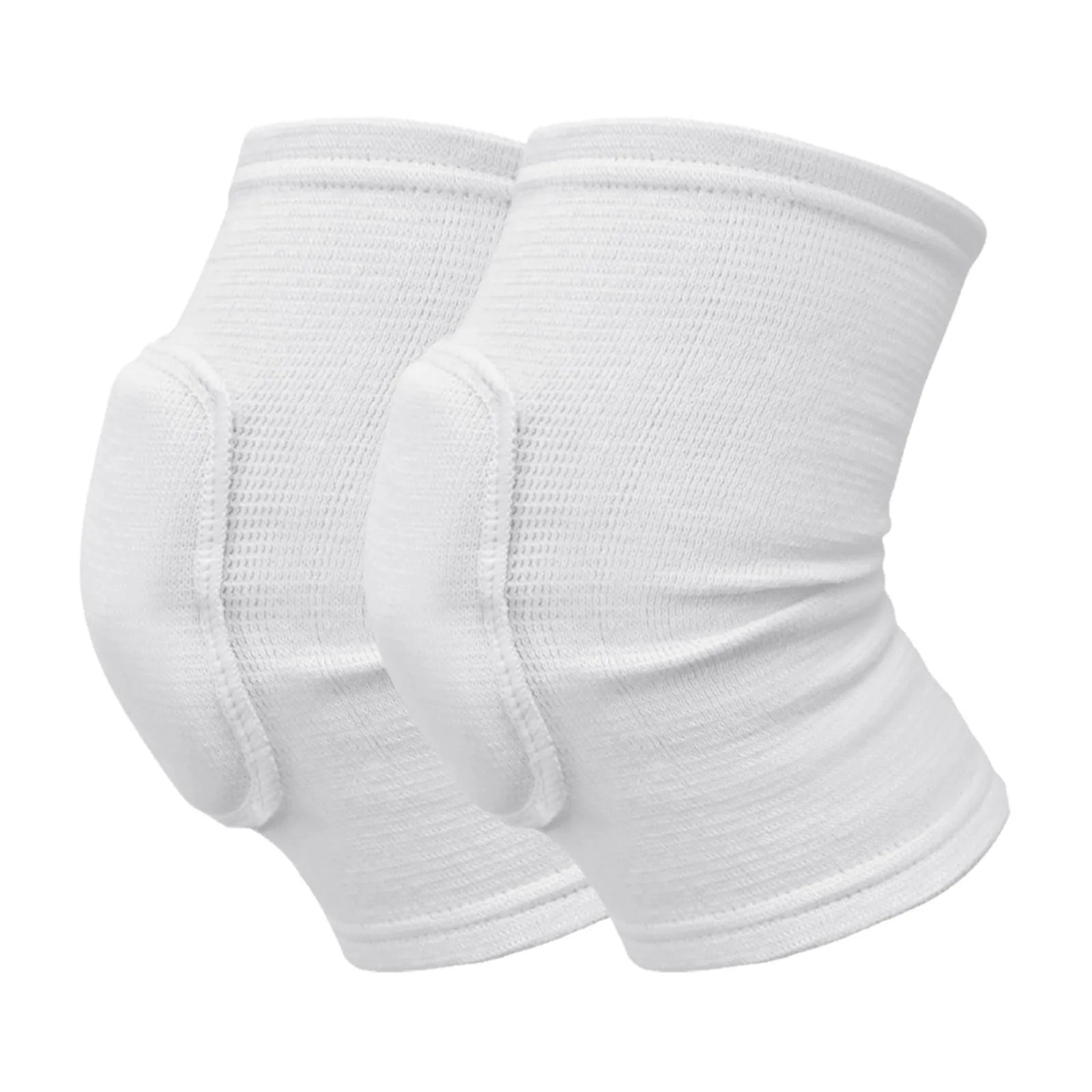 White closed  knee pads with padded knee protection displayed on plain white background, elastic fabric.