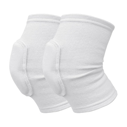 White closed  knee pads with padded knee protection displayed on plain white background, elastic fabric.