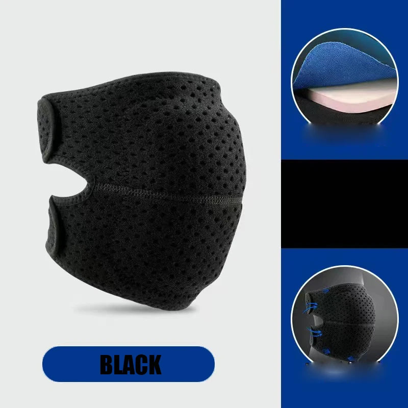 Black open-back knee pad with highlighted EVA cushion for shock absorption and breathable material for comfort.