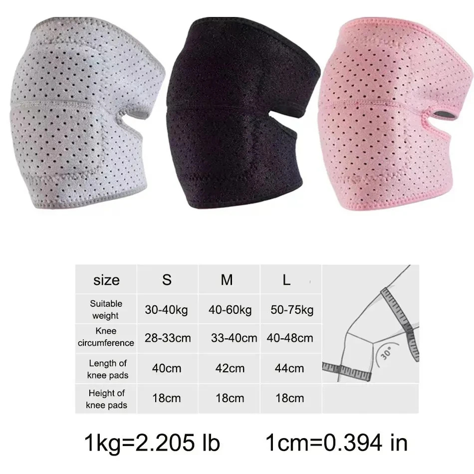 Size chart for knee pads showing sizes small, medium, large with suitable weight ranges, knee circumference measurements, pad length and height.