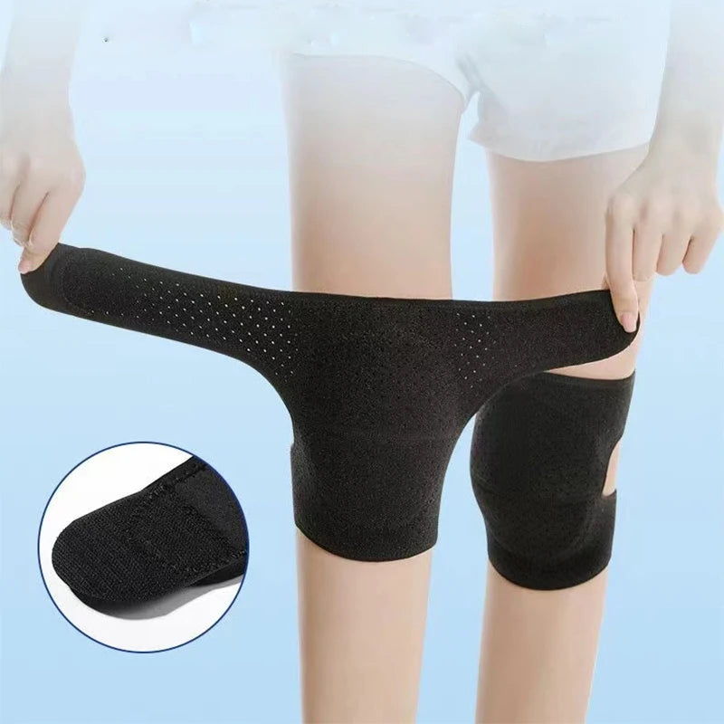  Image showing how to stretch and wear the KP knee pad, demonstrating fabric elasticity and how easily it fits over the leg.