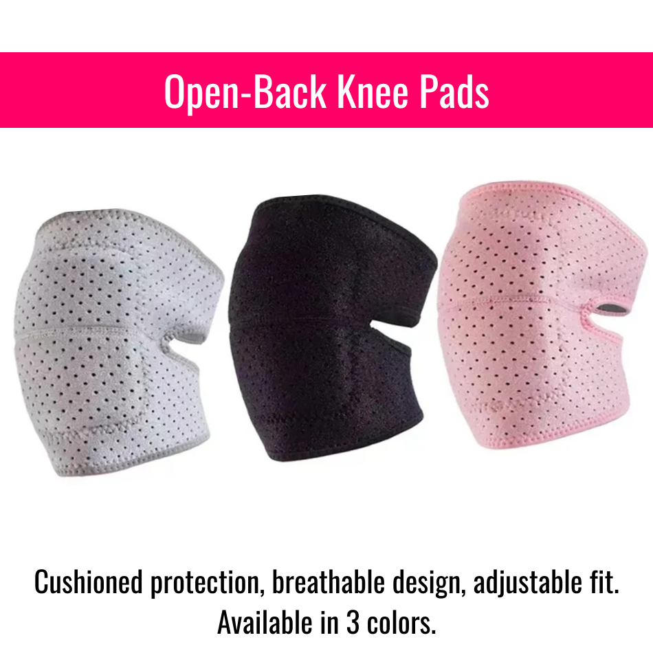 Three open-back knee pads in white, black, and pink colors shown side by side with headline Open-Back Knee Pads, highlighting cushioned protection, breathable design, and adjustable fit.