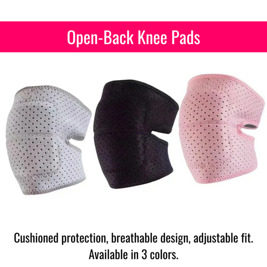 Three open-back knee pads in white, black, and pink colors shown side by side with headline Open-Back Knee Pads, highlighting cushioned protection, breathable design, and adjustable fit.