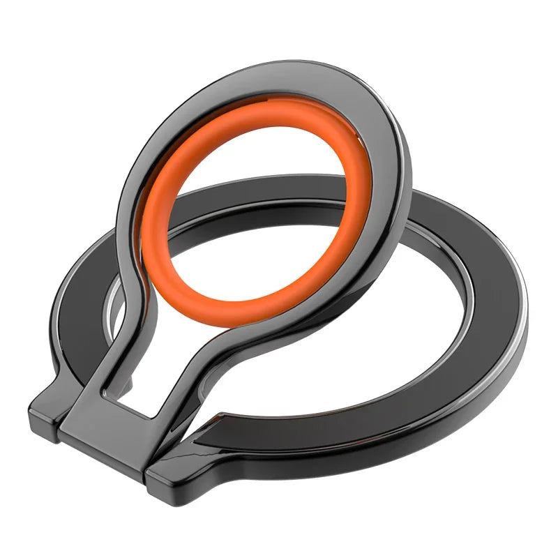 Magnetic ring phone holder with black metal and orange silicone ring, shown in open position, product close-up on a white background.