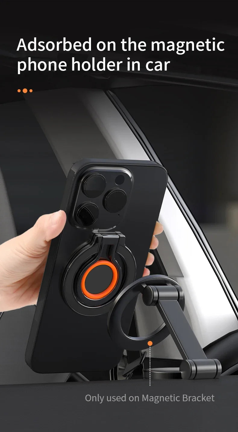 Hand attaching a smartphone with a magnetic ring holder to a magnetic car phone mount inside a vehicle.