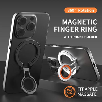 Two phones equipped with magnetic finger ring holders, one upright and one horizontal, showcasing 360-degree rotation and MagSafe compatibility.