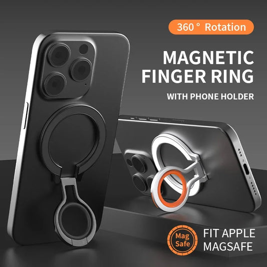 Two phones equipped with magnetic finger ring holders, one upright and one horizontal, showcasing 360-degree rotation and MagSafe compatibility.